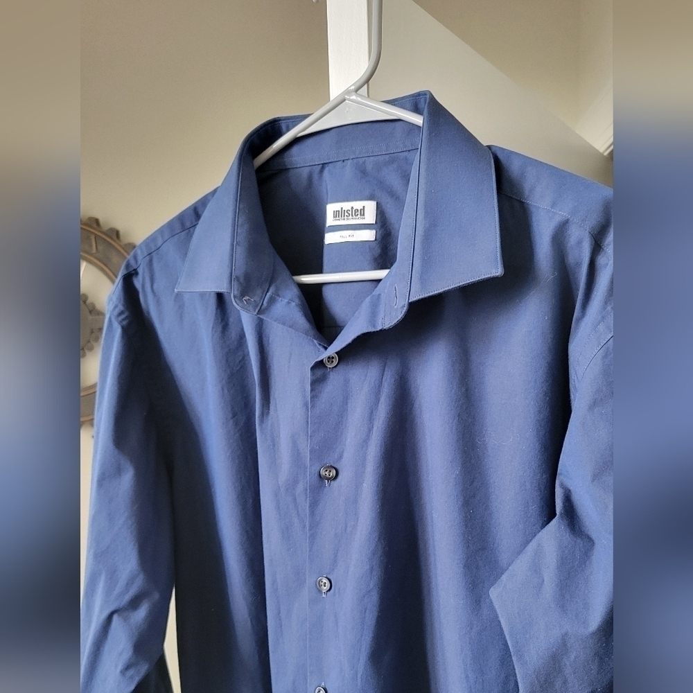 Kenneth Cole Unlisted Tall Fit Button Down Long Sleeve Men Blue Shirt Size: 17.5 - Picture 6 of 7